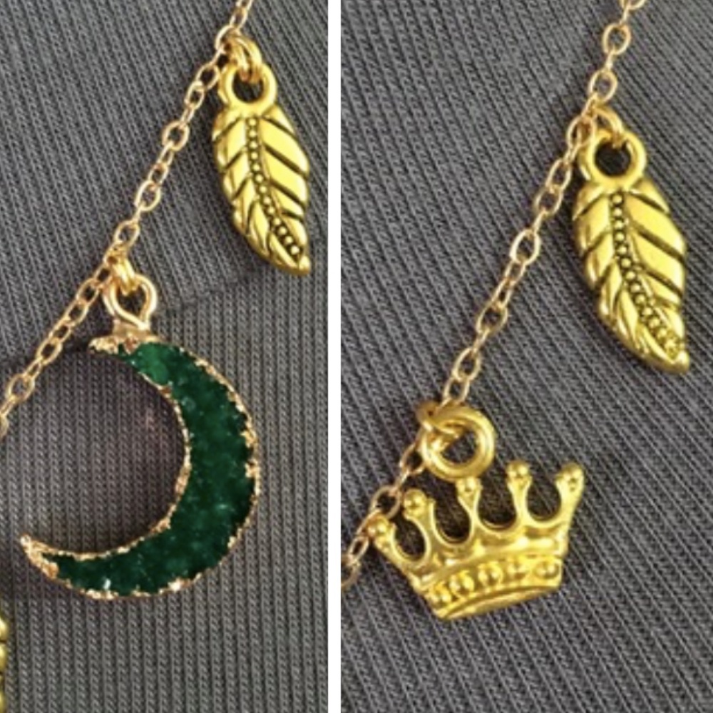 Danu Celtic Forest Goddess Handmade Necklace, Gold Tree, Green Druzy Moon, Crown - Picture 6 of 15